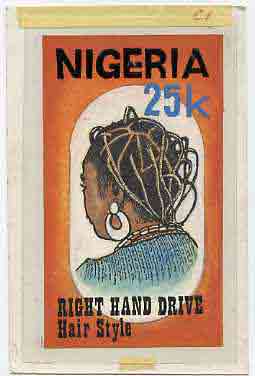 Nigeria 1987 Women's Hairstyles - original hand-painted artwork for 25k value (Right Hand Drive Hair style) by Godrick N Osuji on card 5" x 8.5" endorsed C1 (this design was withdrawn and replaced with Akoto Hair Style)