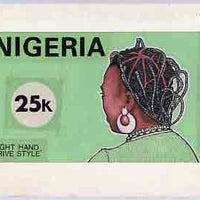 Nigeria 1987 Women's Hairstyles - original hand-painted artwork for 25k value (Right Hand Drive Hair style) by unknown artist on board 8.5" x 5" endorsed C4 (this design was withdrawn and replaced with Akoto Hair Style)