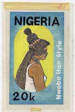 Nigeria 1987 Women's Hairstyles - original hand-painted artwork for 20k value (Nwobo Hair style) by Godrick N Osuji on card 5