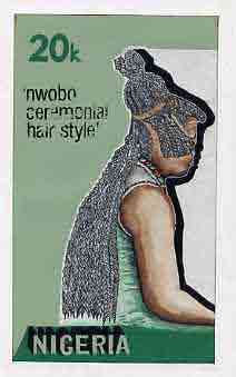 Nigeria 1987 Women's Hairstyles - original hand-painted artwork for 20k value (Nwobo Hair style) by Clement O Ogbebor on card 5" x 8.5" endorsed B6