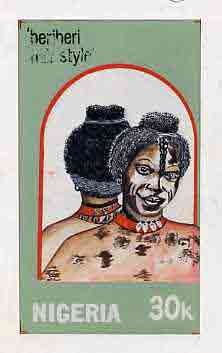 Nigeria 1987 Women's Hairstyles - original hand-painted artwork for 20k value (Beriberi Hair style) by Clement O Ogbebor on card 5" x 8.5" endorsed D6