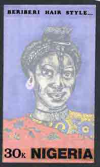 Nigeria 1987 Women's Hairstyles - original hand-painted artwork for 20k value (Beriberi Hair style) by S O Nwasike on card 5" x 8.5" endorsed D2