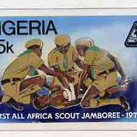 Nigeria 1977 First All-Africa Scout Jamboree - original hand-painted artwork for 25k value (Scouts Administering First Aid) by Austin Ogo Onwudimegwu on card 8" x 5" endorsed E3