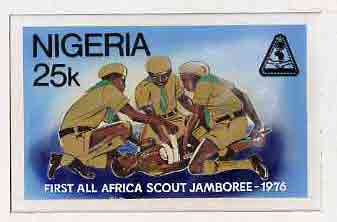 Nigeria 1977 First All-Africa Scout Jamboree - original hand-painted artwork for 25k value (Scouts Administering First Aid) by Austin Ogo Onwudimegwu on card 8