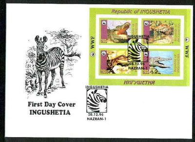 Ingushetia Republic 1996 WWF imperf sheetlet containing complete set of 4 Crocodiles on illustrated cover with first day cancel