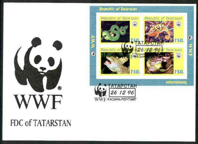 Tatarstan Republic 1996 WWF imperf sheetlet containing complete set of 4 Reptiles on illustrated cover with first day cancel