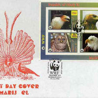 Marij El Republic 1996 WWF imperf sheetlet containing complete set of 4 Birds of Prey on illustrated cover with first day cancel