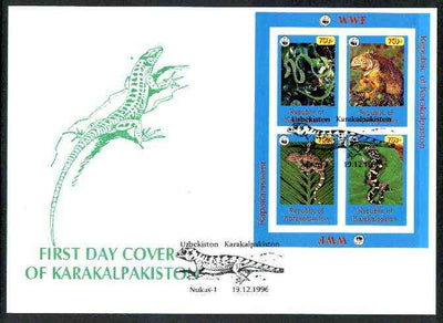 Karakalpakia Republic 1996 WWF imperf sheetlet containing complete set of 4 Reptiles on illustrated cover with first day cancel