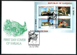 Karjala Republic 1996 WWF imperf sheetlet containing complete set of 4 Animals (Big Cats) on illustrated cover with first day cancel