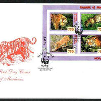 Mordovia Republic 1996 WWF imperf sheetlet containing complete set of 4 Animals (Big Cats) on illustrated cover with first day cancel