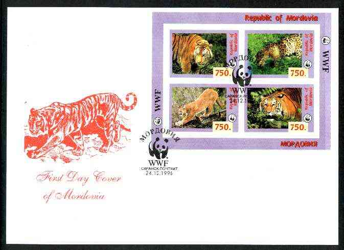 Mordovia Republic 1996 WWF imperf sheetlet containing complete set of 4 Animals (Big Cats) on illustrated cover with first day cancel