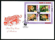 Mordovia Republic 1996 WWF imperf sheetlet containing complete set of 4 Animals (Big Cats) on illustrated cover with first day cancel