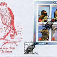 Bashkortostan 1996 WWF imperf sheetlet containing complete set of 4 Birds of Prey on illustrated cover with first day cancel