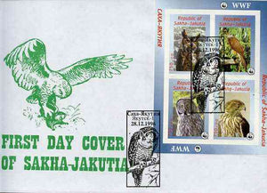 Sakha (Yakutia) Republic 1996 WWF imperf sheetlet containing complete set of 4 Birds of Prey on illustrated cover with first day cancel