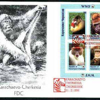 Karachaevo-Cherkesia Republic 1996 WWF imperf sheetlet containing complete set of 4 Monkeys on illustrated cover with first day cancel