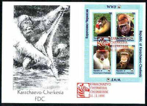 Karachaevo-Cherkesia Republic 1996 WWF imperf sheetlet containing complete set of 4 Monkeys on illustrated cover with first day cancel