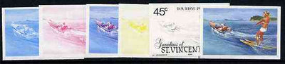 St Vincent - Grenadines 1985 Tourism Watersports 45c (Water Skiing) set of 6 imperf progressive proofs comprising the 4 individual colours plus 2 & 3 colour composites (as SG 387) unmounted mint