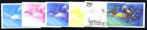 St Vincent - Grenadines 1985 Tourism Watersports 75c (Scuba Diving) set of 6 imperf progressive proofs comprising the 4 individual colours plus 2 & 3 colour composites (as SG 388) unmounted mint