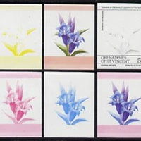 St Vincent - Grenadines 1985 Flowers (Leaders of the World) 5c the set of 6 imperf progressive proofs in se-tenant pairs comprising the 4 individual colours plus 2 and 3-colour composites (as SG 370a) unmounted mint