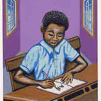 Nigeria 1976 Universal Primary Education - original hand-painted artwork for 5k value showing student writing at desk, by NSP&MCo Staff Artist Samuel A M Eluare, on card 6" x 10" endorsed F2