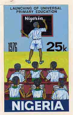 Nigeria 1976 Universal Primary Education - original hand-painted artwork for 25k value showing student writing on blackboard, by NSP&MCo Staff Artist Samuel A M Eluare, on card 6