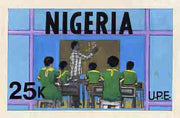 Nigeria 1976 Universal Primary Education - original hand-painted artwork for 25k value showing Teacher writing on Blackboard, by Sylva O Okereke, on card 9.5" x 5.5"