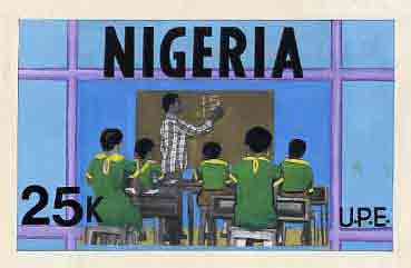 Nigeria 1976 Universal Primary Education - original hand-painted artwork for 25k value showing Teacher writing on Blackboard, by Sylva O Okereke, on card 9.5