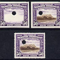 North Borneo 1939 Mt Kinabalu 50c def imperf proof of frame plus perf & imperf of composite, all in issued colours on gummed paper with security punch hole, very fine with gum (SG 314)