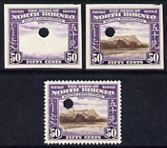 North Borneo 1939 Mt Kinabalu 50c def imperf proof of frame plus perf & imperf of composite, all in issued colours on gummed paper with security punch hole, very fine with gum (SG 314)