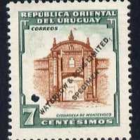 Uruguay 1954 Citadel 7c Printer's sample in brown & green,(issued stamp was green & brown) overprinted Waterlow & Sons SPECIMEN with security punch hole without gum, as SG 1033