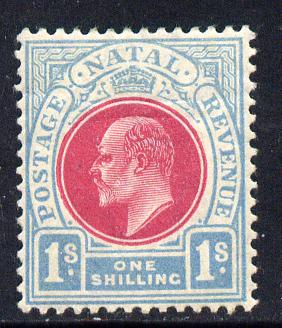 Natal 1904-08 KE7 MCA Postage-Revenue 1s carmine & pale blue mounted mint SG 155