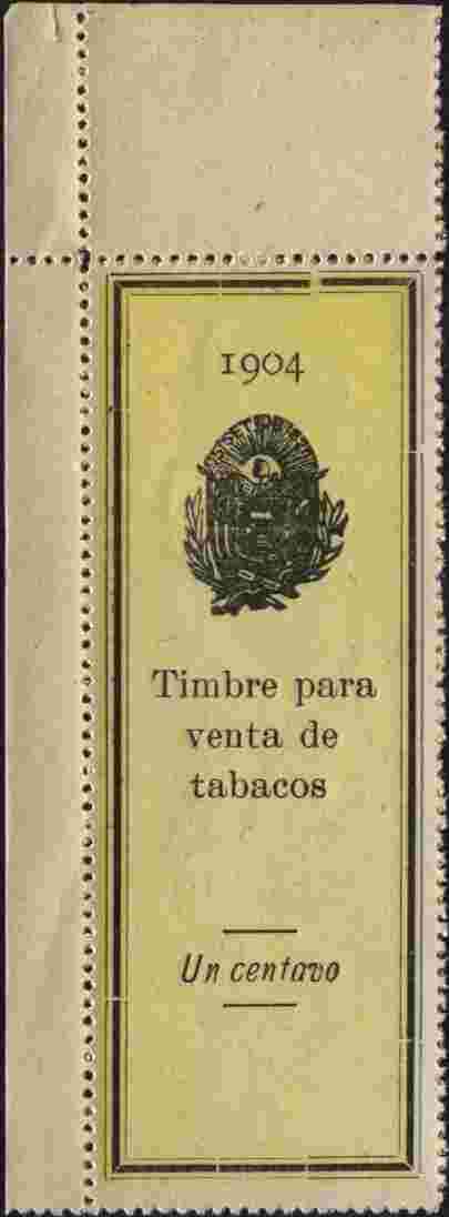 El Salvador 1904 Tobacco Duty 1c perforated revenue stamp on ungummed paper