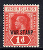 British Virgin Islands 1916-19 KG5 1d red opt'd WAR TAX mounted mint SG 78