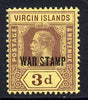 British Virgin Islands 1916-19 KG5 3d purple on yellow opt'd WAR TAX mounted mint SG 79