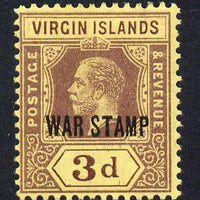 British Virgin Islands 1916-19 KG5 3d purple on yellow opt'd WAR TAX mounted mint SG 79