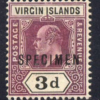 British Virgin Islands 1904 KE7 3d purple & black overprinted SPECIMEN without gum with only about 730 produced SG 58s