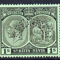 St Kitts-Nevis 1921-29 KG5 Script CA Medicine Spring 1s black on green with SPECIMEN perfin fine with gum only about 400 produced SG 46bs