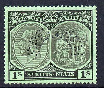 St Kitts-Nevis 1921-29 KG5 Script CA Medicine Spring 1s black on green with SPECIMEN perfin fine with gum only about 400 produced SG 46bs