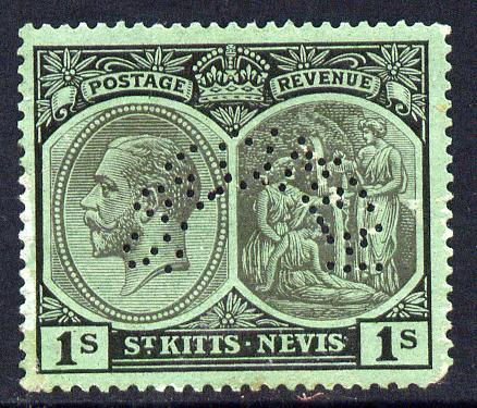 St Kitts-Nevis 1921-29 KG5 Script CA Medicine Spring 1s black on green (rounded corner perf) with SPECIMEN perfin fine with gum only about 400 produced SG 46bs