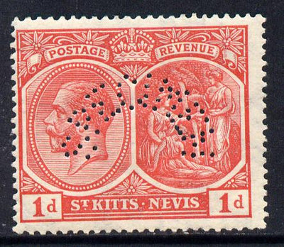 St Kitts-Nevis 1921-29 KG5 Script CA Medicine Spring 1d rose-red with SPECIMEN perfin fine with gum only about 400 produced SG 38sa