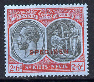 St Kitts-Nevis 1921-29 KG5 Script CA Medicine Spring 2s6d black & red on blue overprinted SPECIMEN fine with gum only about 400 produced SG 47as