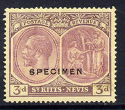 St Kitts-Nevis 1921-29 KG5 Script CA Medicine Spring 3d purple on yellow overprinted SPECIMEN without gum & faded but only about 400 produced SG 45as