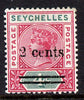 Seychelles 1902 QV surcharged 2c on 4c carmine & green mounted mint SG 41