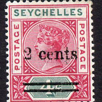 Seychelles 1902 QV surcharged 2c on 4c carmine & green mounted mint SG 41