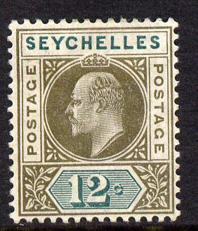 Seychelles 1903 KE7 Crown CA 12c olive-sepia & dull green mounted mint SG 49