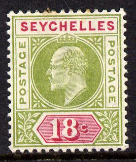 Seychelles 1903 KE7 Crown CA 18c sage-green & carmine mounted mint SG 51