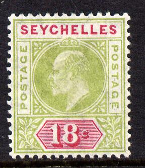 Seychelles 1906 KE7 MCA 18c sage-green & carmine mounted mint SG 65