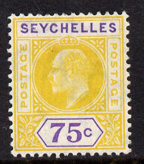 Seychelles 1906 KE7 MCA 75c yellow & violet mounted mint SG 68