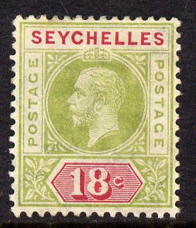 Seychelles 1912-16 KG5 MCA 18c sage-green & carmine mounted mint SG 76