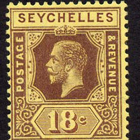 Seychelles 1917-22 KG5 MCA die I - 18c purple on yellow mounted mint SG 88